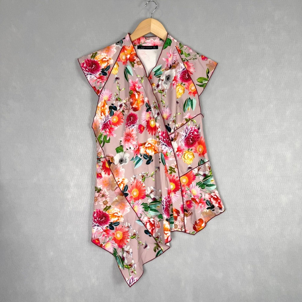 Zara Floral Wrap Asymmetrical Top Womens L Pink Sleeveless Excellent V-Neck